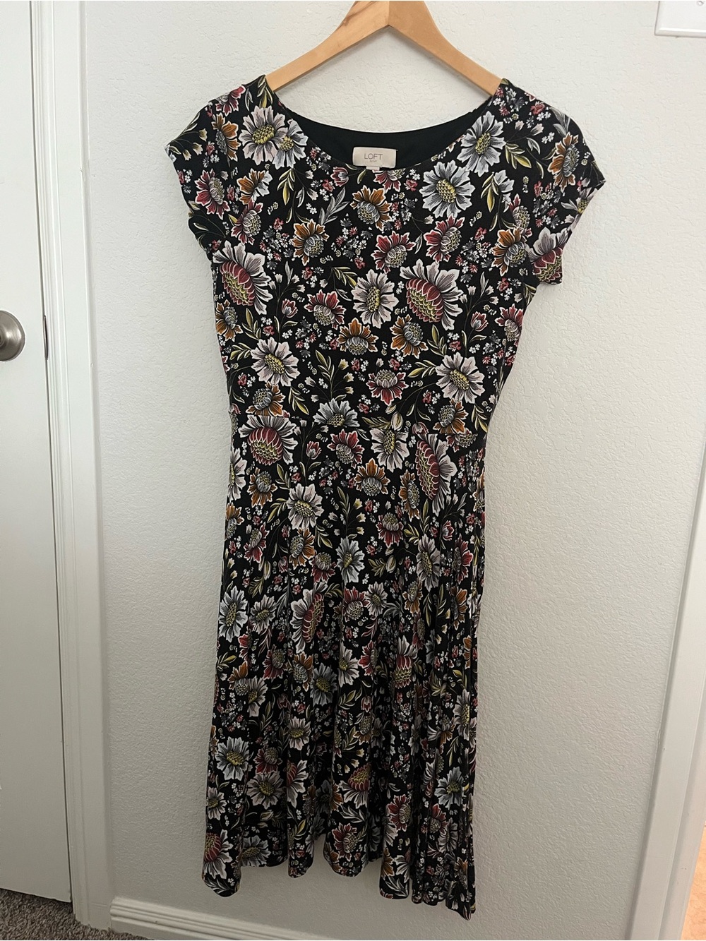 LOFT Black Floral Cap Sleeve Midi with Meadow Print